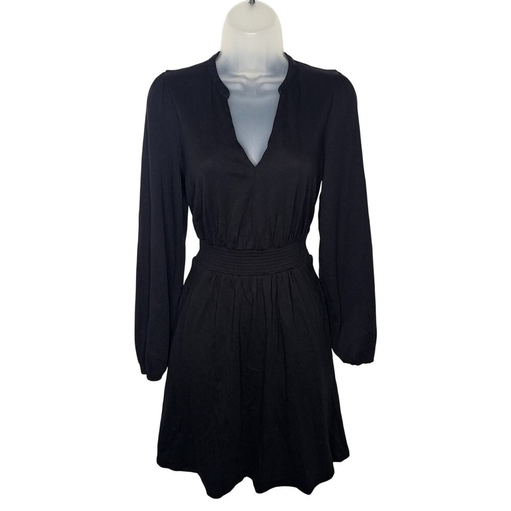 Boden Sarah Short Jersey Dress 6R Black Smocked Long Sleeve Stretch Cotton Modal